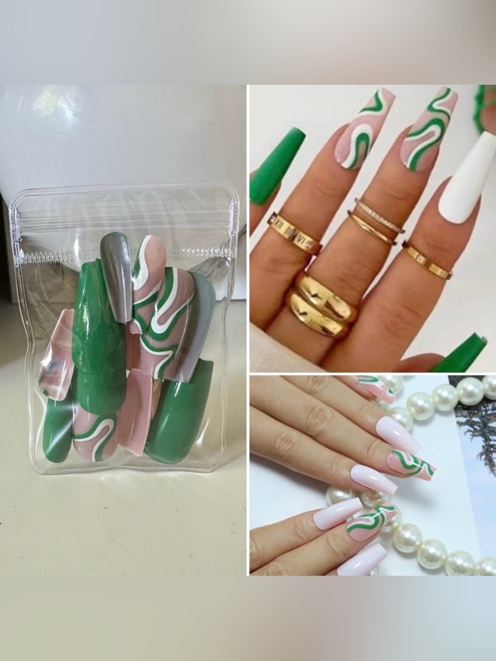 3/$15 Coffin Fake Nails Green and Nude Long Coffin